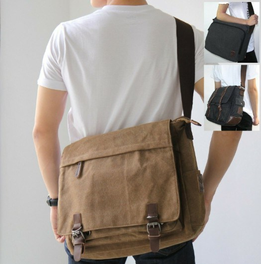 Brown Black Retro Canvas Leather Messenger Shoulder Bag Laptop Uni Men